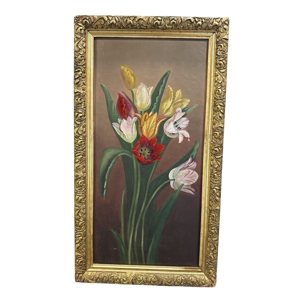 19th C Vintage Still Life Oil on Canvas Tulips Floral Moody Gold Gilded Frame